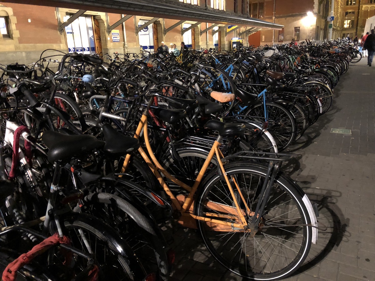 Dense rows of parked bicycles outside a station at night
